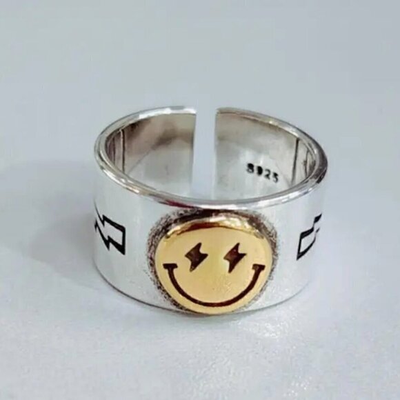 925 Sterling Smiley Face Boho Ring (Gold Face) #1318 - Picture 1 of 14